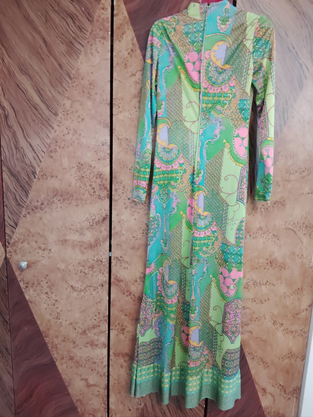 Neon Green Paisley Long Sleeve Maxi Dress with Pink Accents - Picture 3 of 4